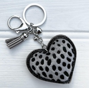 Heart Keyring / Bag Charm - Grey & Black Spot